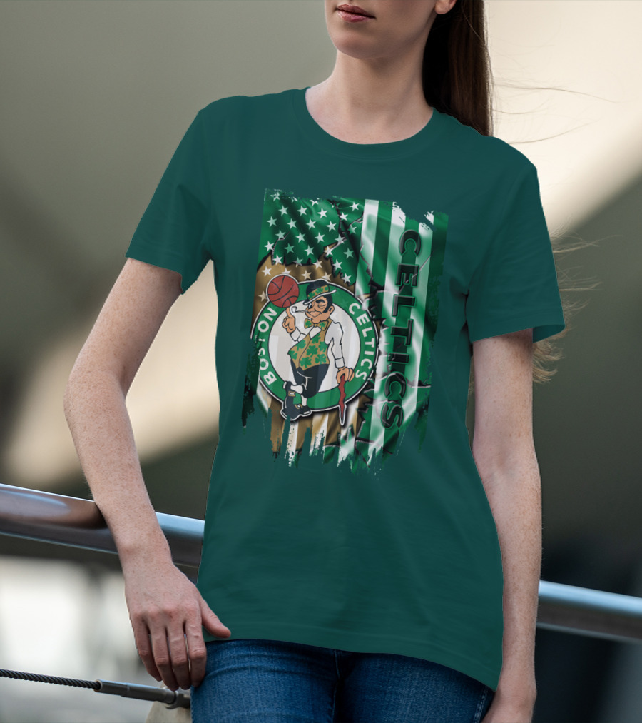 Boston Celtics Shamrock Leprechaun American Flag Basketball T-Shirt