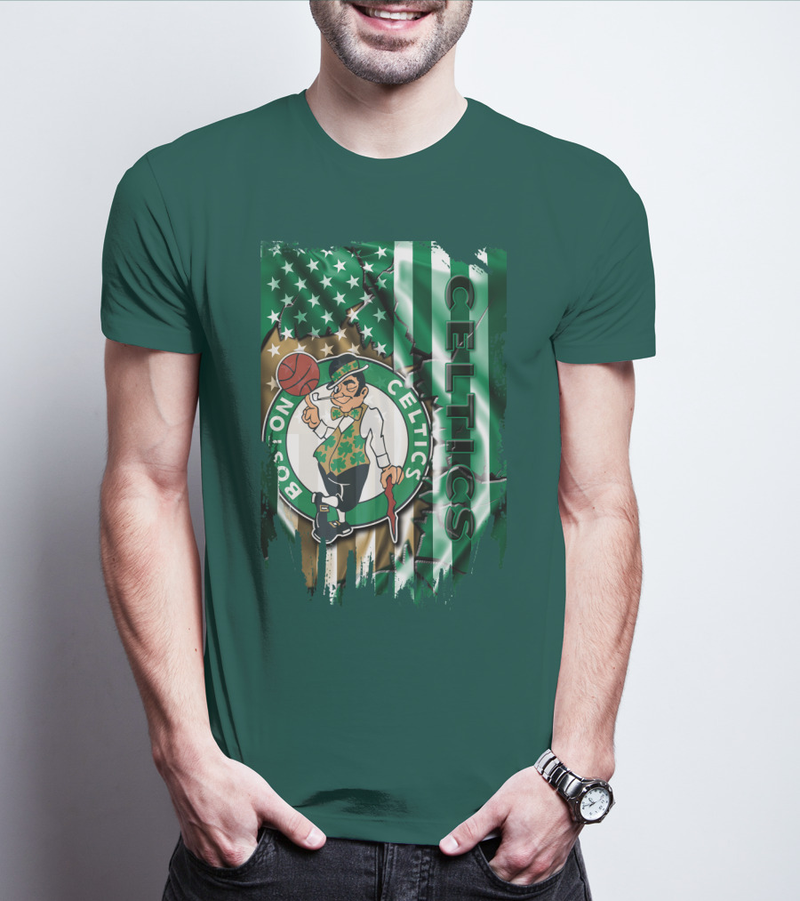 Boston Celtics Shamrock Leprechaun American Flag Basketball T-Shirt