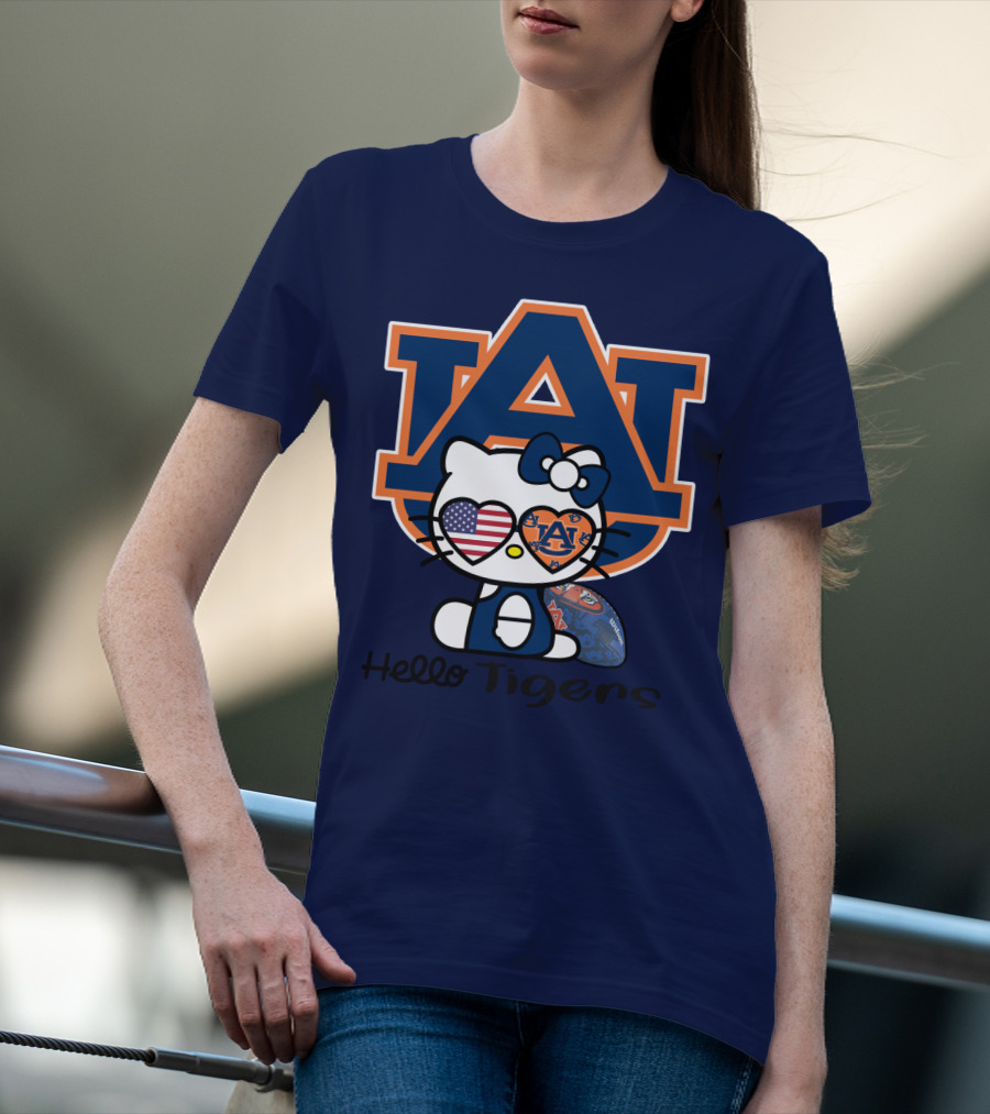 Hello Tigers Auburn Kitty Football American Flag T-Shirt