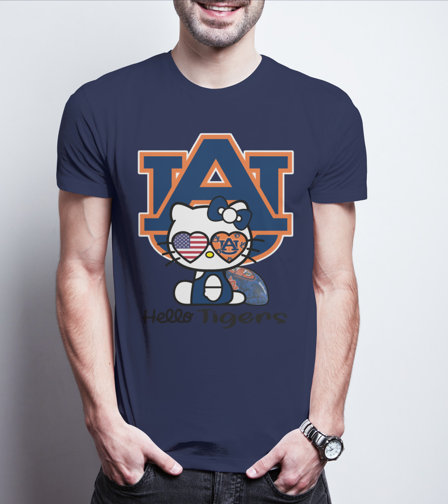 Hello Tigers Auburn Kitty Football American Flag T-Shirt