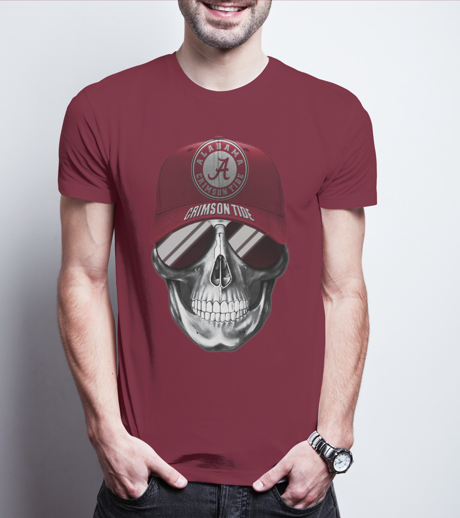 Alabama Crimson Tide Skull With Cap And Sunglasses T-Shirt