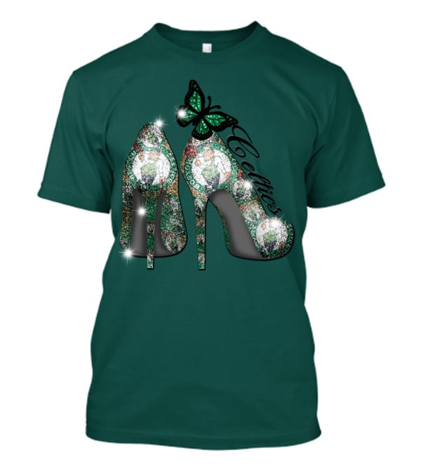 Boston Celtics High Heels With Green Butterfly Sparkle T-Shirt