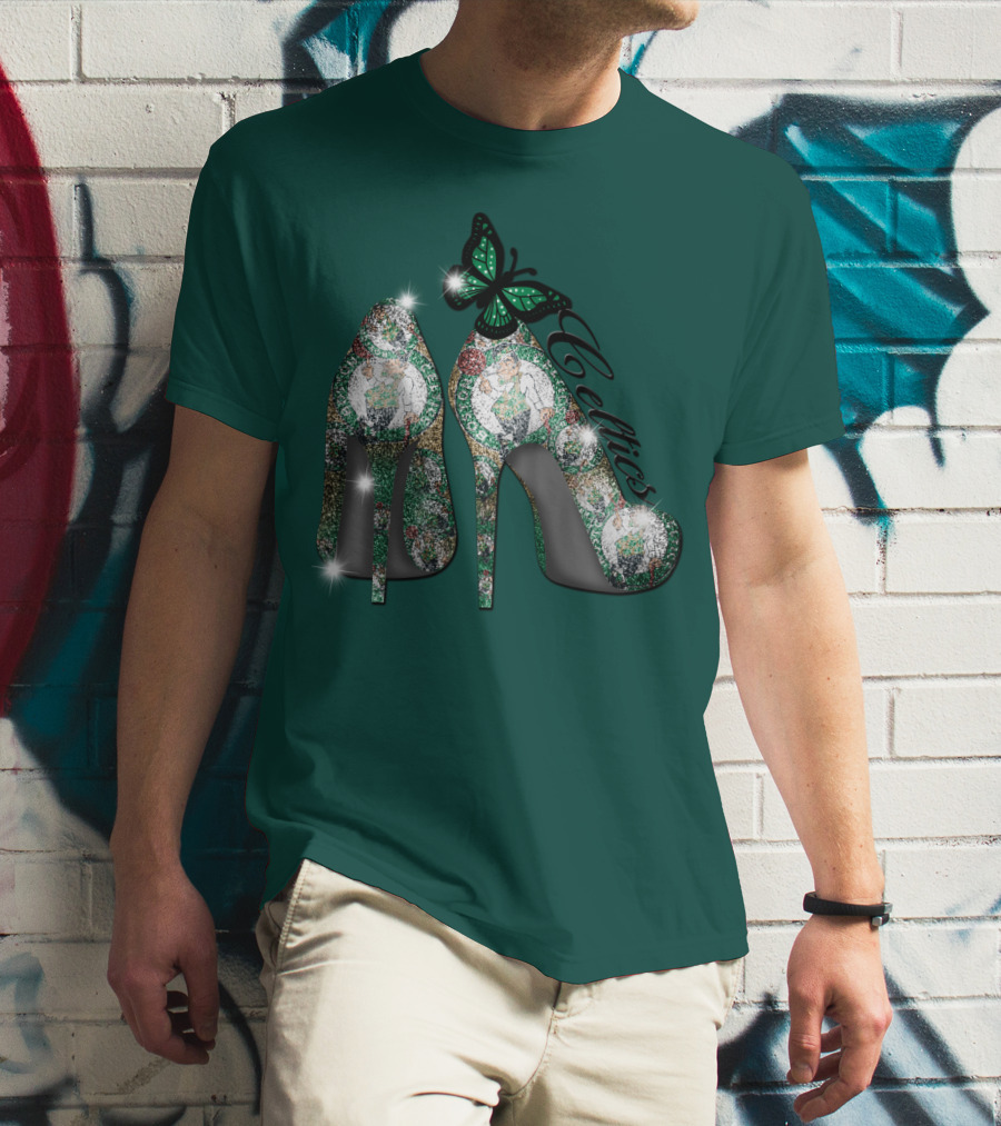 Boston Celtics High Heels With Green Butterfly Sparkle T-Shirt