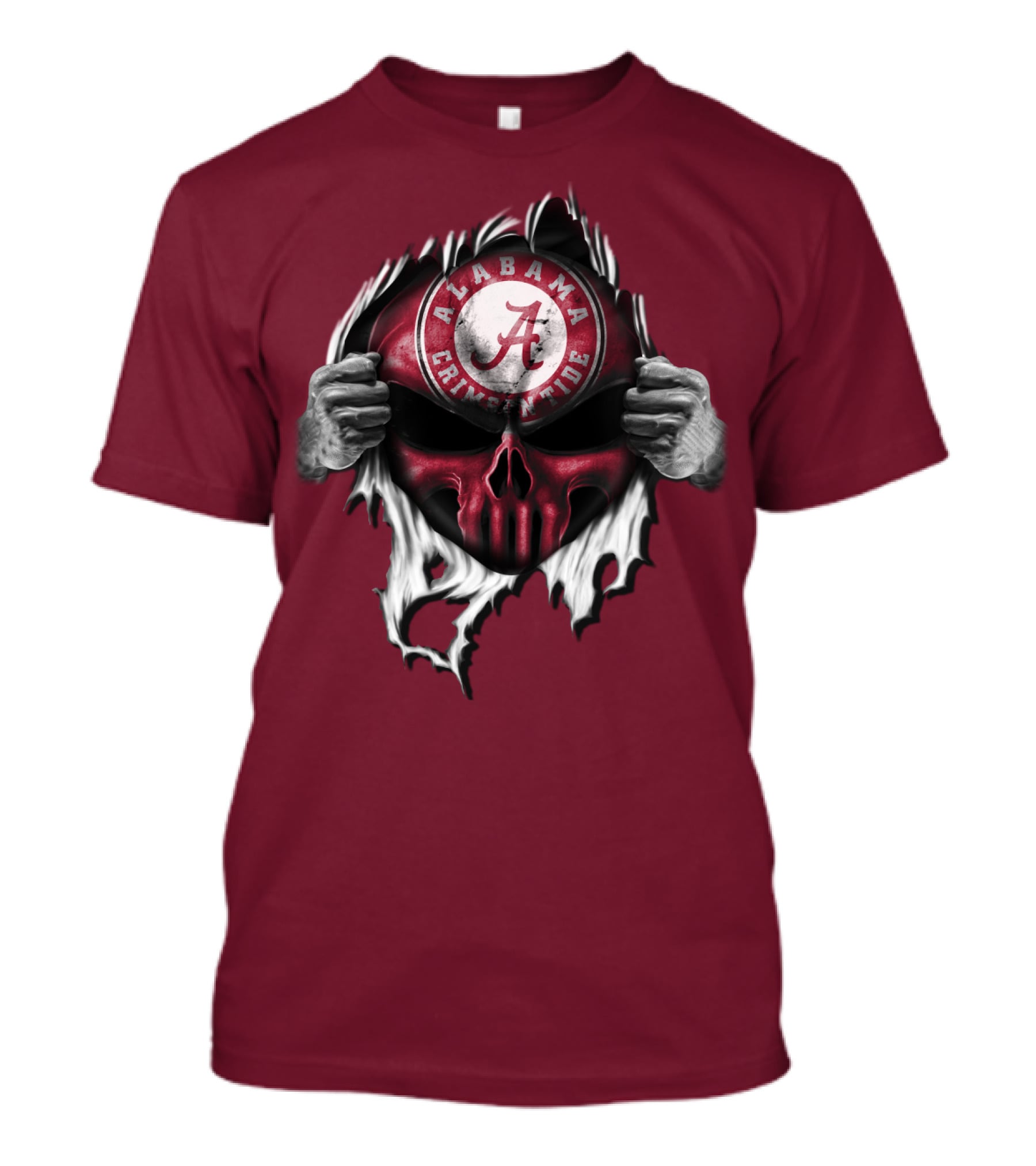 Alabama Crimson Tide Skull Emblem With Red And White Torn Fabric Effect T-Shirt