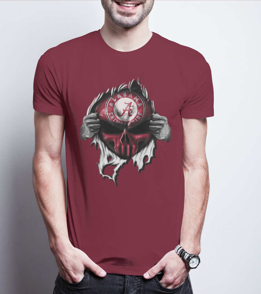 Alabama Crimson Tide Skull Emblem With Red And White Torn Fabric Effect T-Shirt