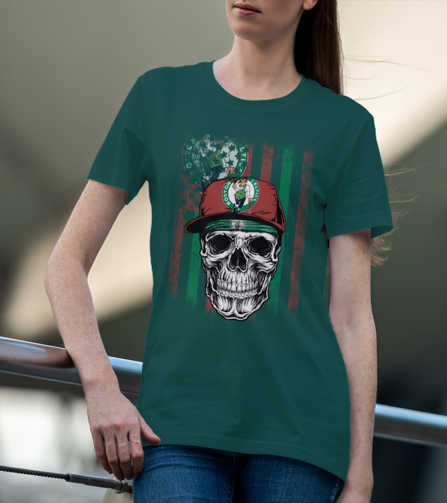 Boston Celtics Skull With Cap And Stripes T-Shirt