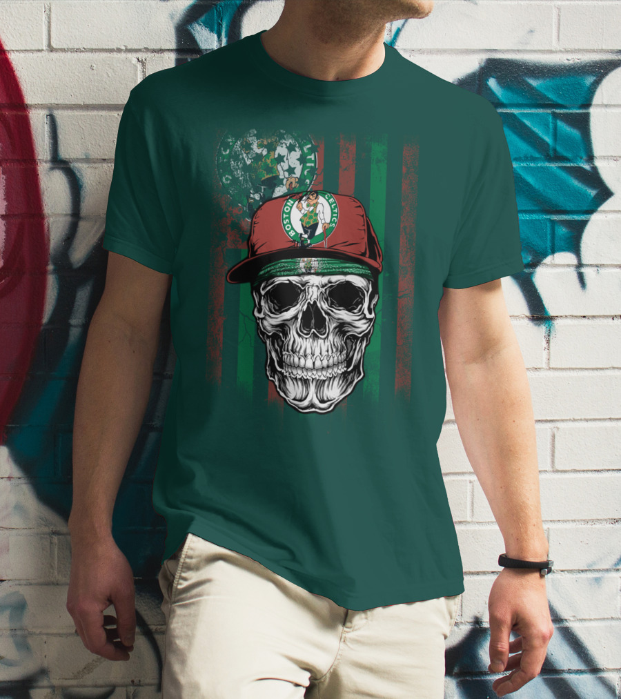 Boston Celtics Skull With Cap And Stripes T-Shirt