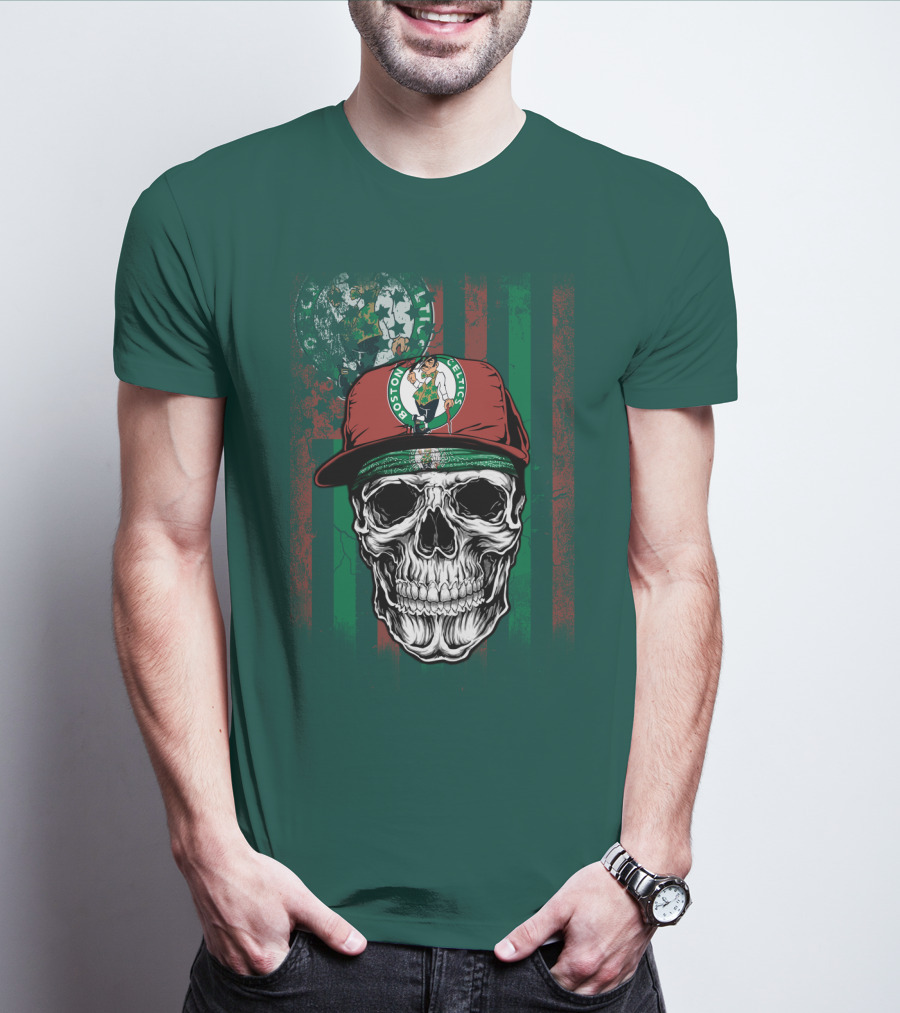 Boston Celtics Skull With Cap And Stripes T-Shirt