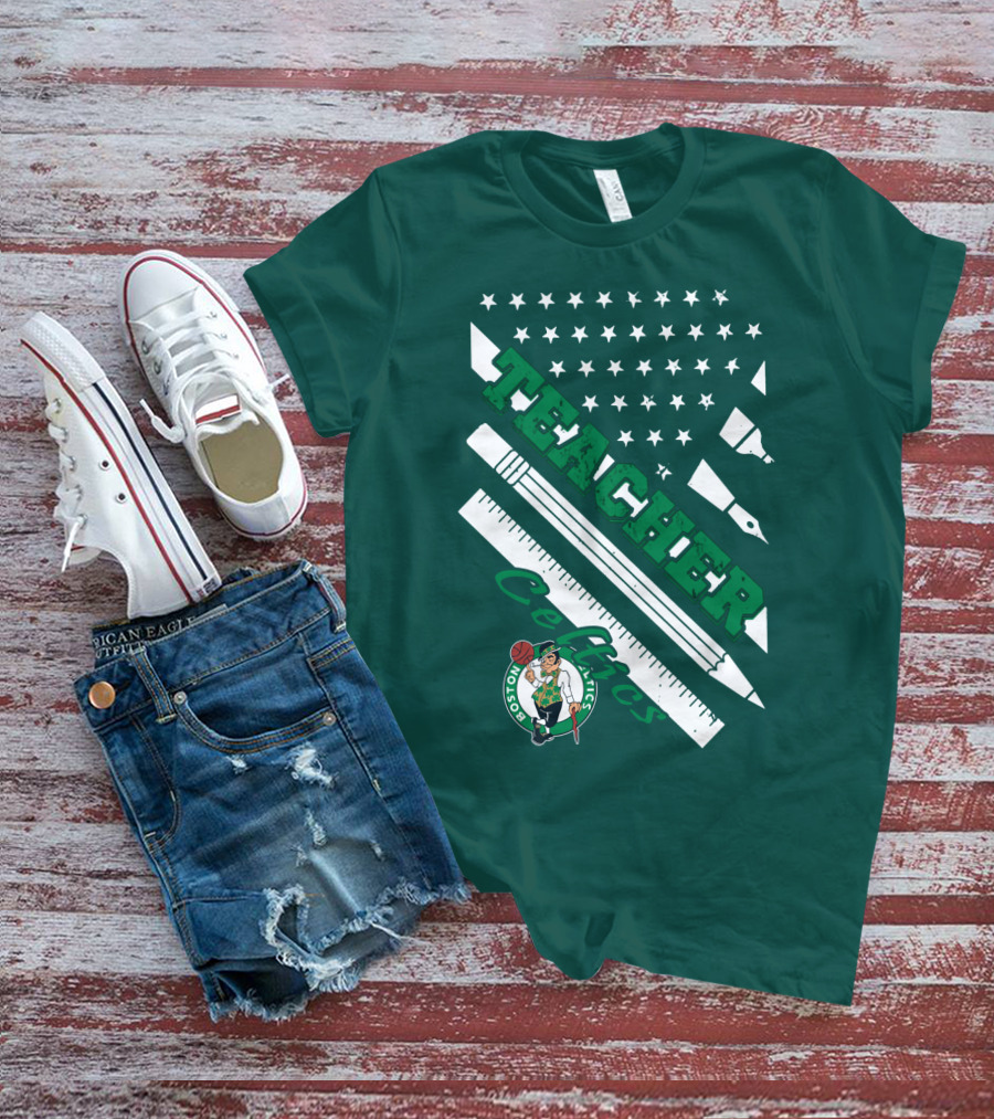 Boston Celtics Teacher Stars And Stripes Pencil Ruler T-Shirt