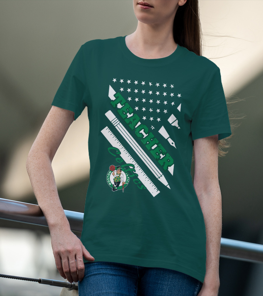 Boston Celtics Teacher Stars And Stripes Pencil Ruler T-Shirt