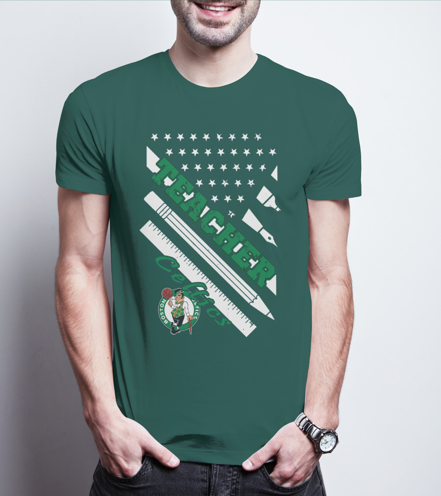 Boston Celtics Teacher Stars And Stripes Pencil Ruler T-Shirt