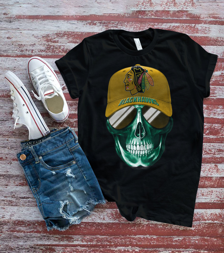 Chicago Blackhawks Skull With Iconic Logo And Cap T-Shirt