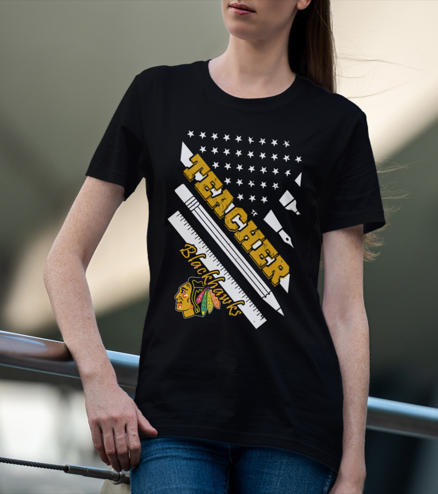 Blackhawks Teacher Usa Flag Pencil Ruler T-Shirt