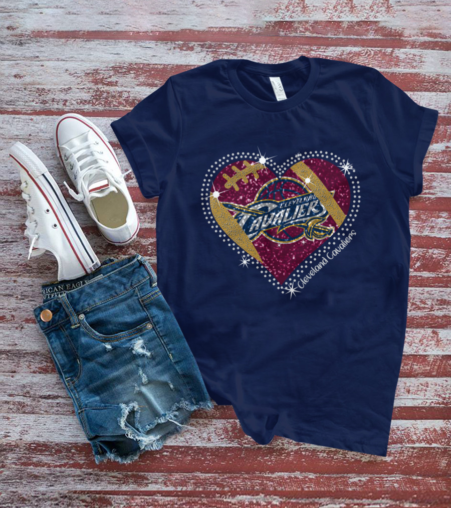 Cleveland Cavaliers Heart Football Basketball Sparkle T-Shirt
