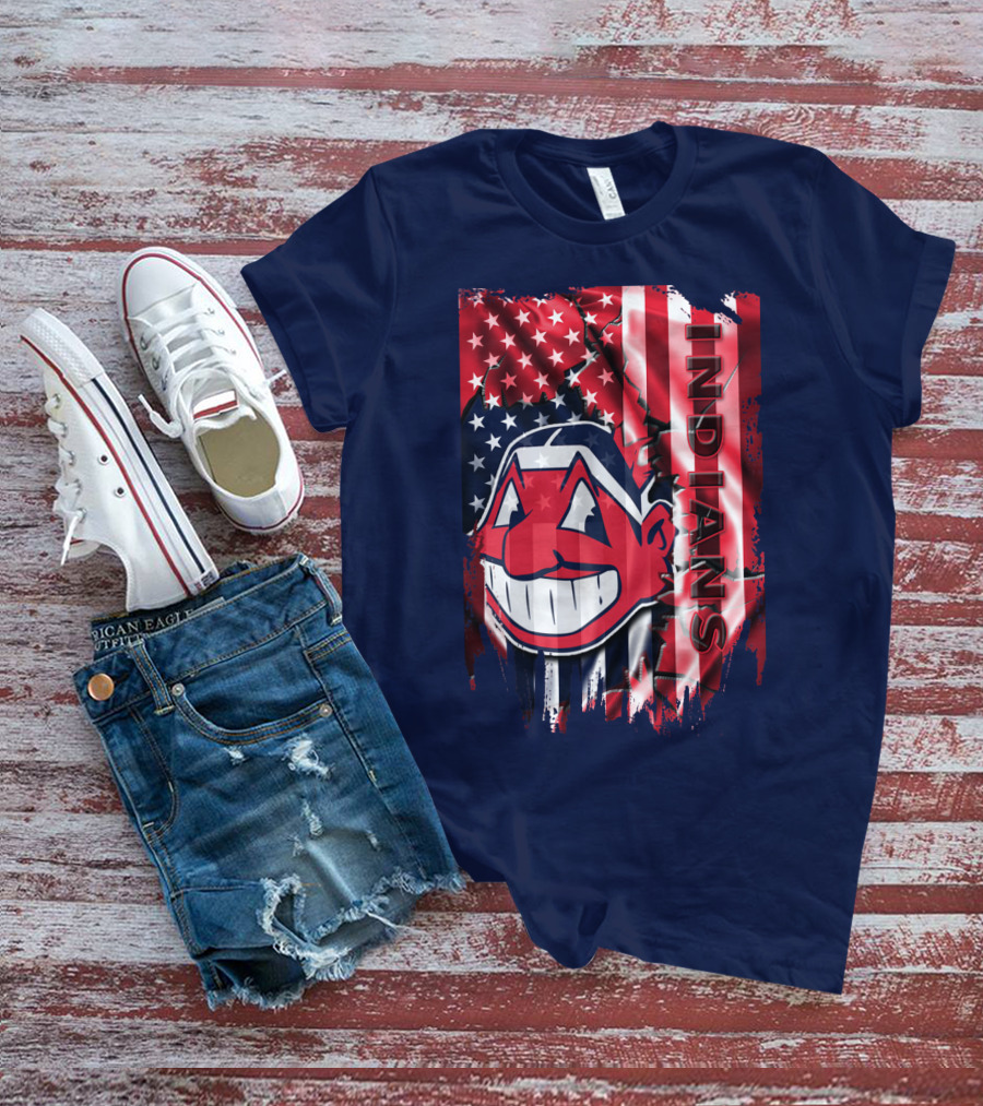 Cleveland Indians Chief Wahoo American Flag Patriotic Baseball T-Shirt