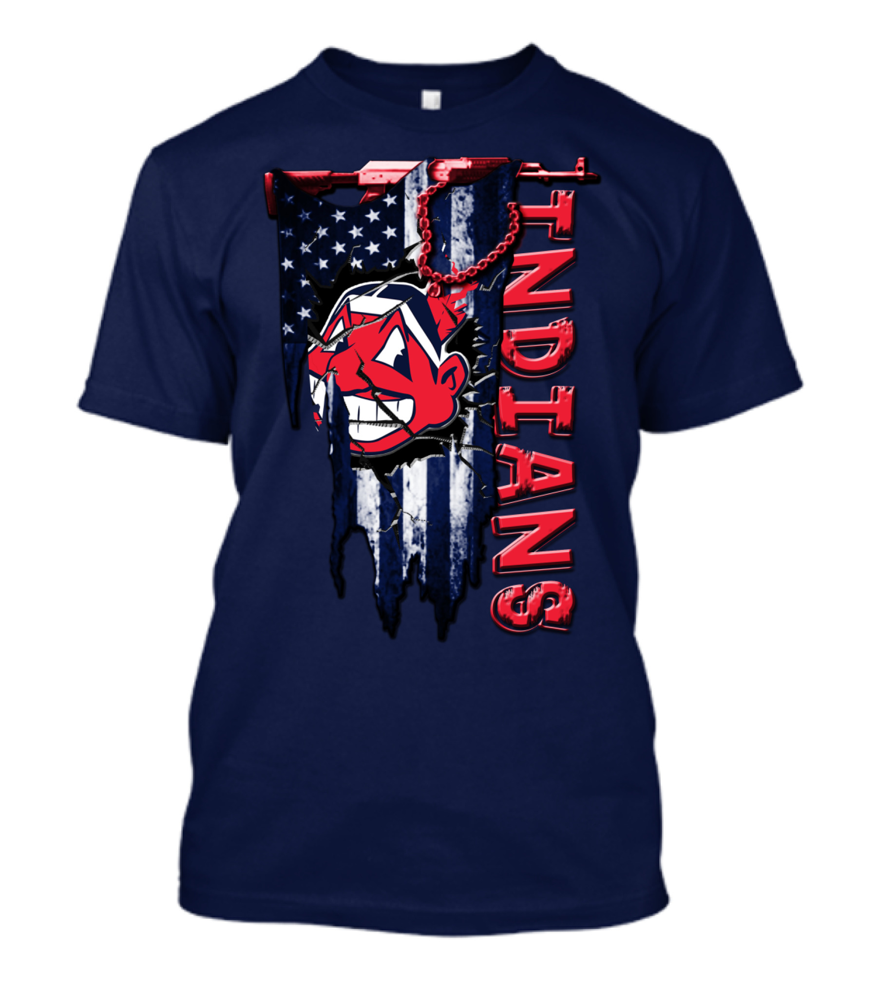 Cleveland Indians Vintage Chief Wahoo With American Flag And Red Chain T-Shirt