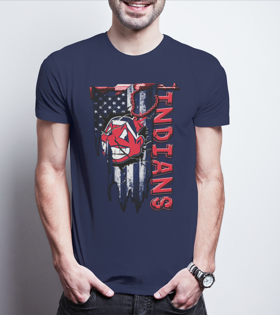 Cleveland Indians Vintage Chief Wahoo With American Flag And Red Chain T-Shirt