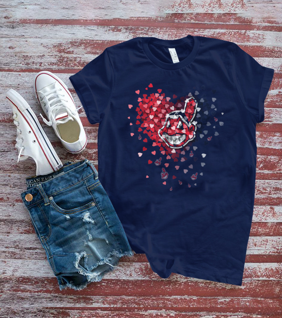 Cleveland Indians Heart Logo With Feathered Chief Wahoo In Blue And Red T-Shirt