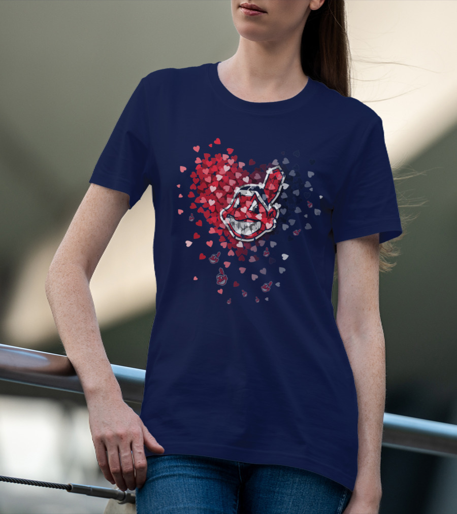 Cleveland Indians Heart Logo With Feathered Chief Wahoo In Blue And Red T-Shirt