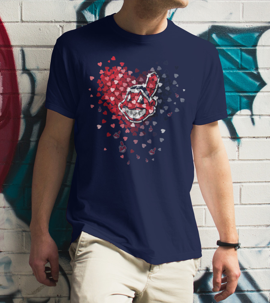 Cleveland Indians Heart Logo With Feathered Chief Wahoo In Blue And Red T-Shirt