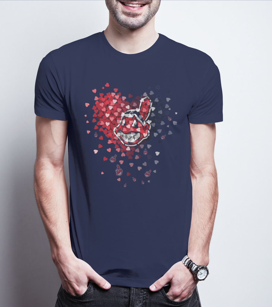 Cleveland Indians Heart Logo With Feathered Chief Wahoo In Blue And Red T-Shirt