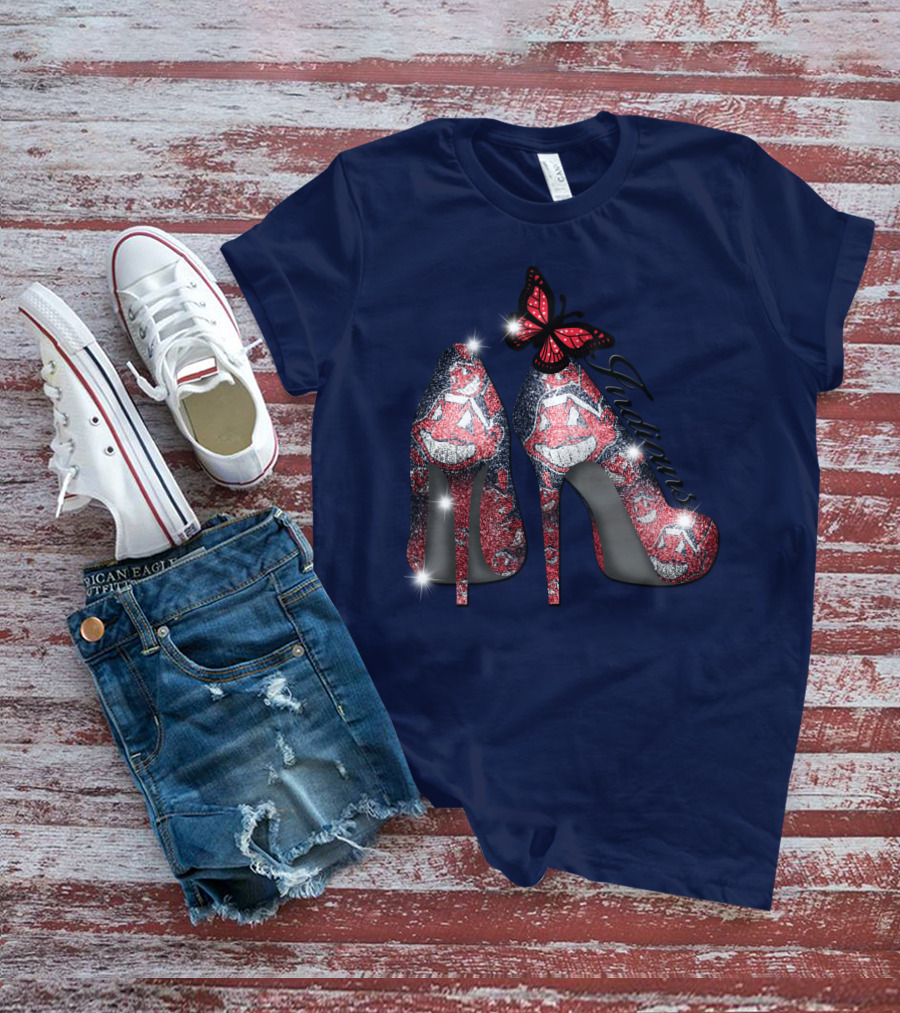 Cleveland Indians Heels With Butterfly And Baseball Motif T-Shirt
