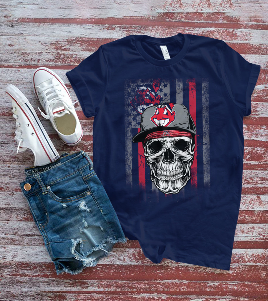 Cleveland Indians Skull Wearing Chief Wahoo Cap With American Flag T-Shirt