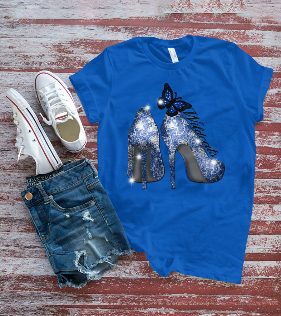 Kentucky Wildcats High Heels And Butterfly In Blue T-Shirt