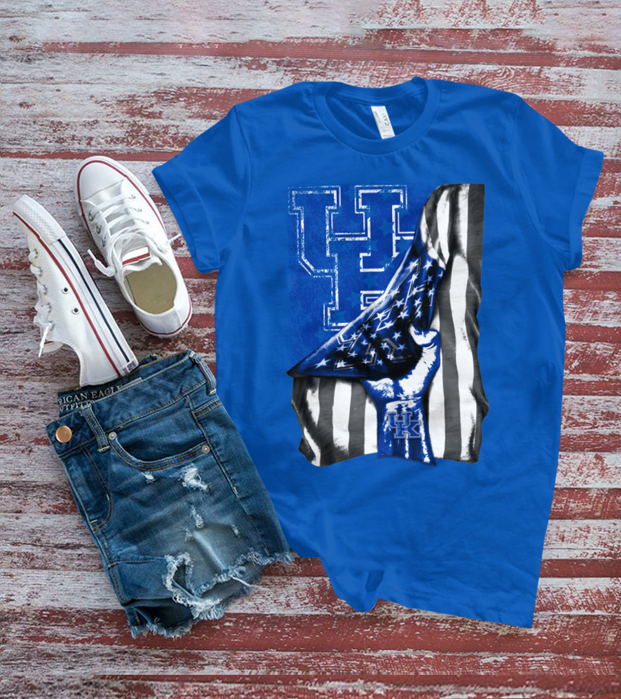 Kentucky Wildcats U.s. Flag Blue And White Logo Fusion T-Shirt