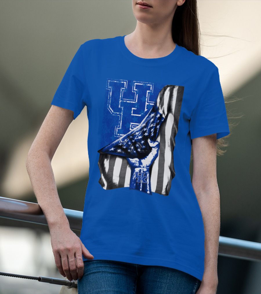 Kentucky Wildcats U.s. Flag Blue And White Logo Fusion T-Shirt