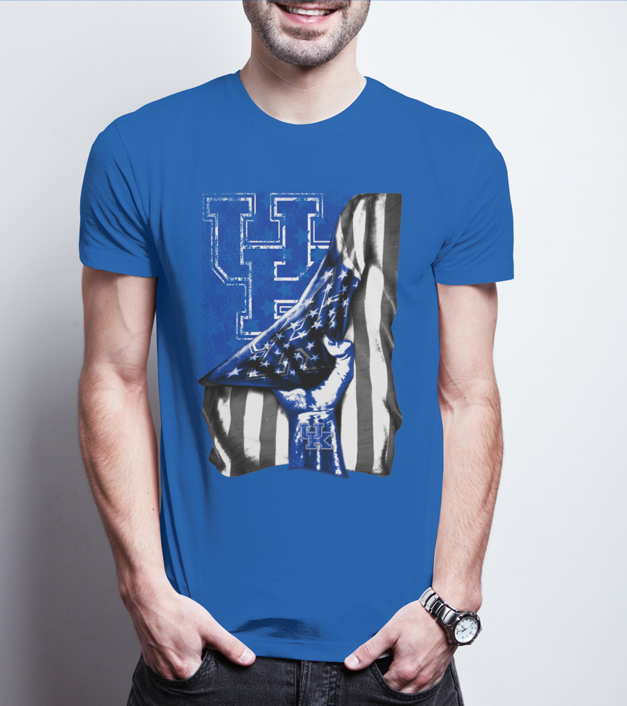 Kentucky Wildcats U.s. Flag Blue And White Logo Fusion T-Shirt