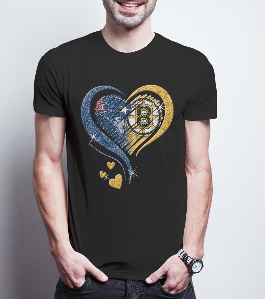 New England Patriots Boston Bruins Heart Design T-Shirt