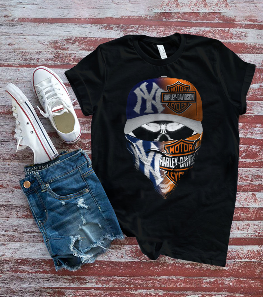 New York Yankees Harley Davidson Motorcycles Skull Mask Hat T-Shirt
