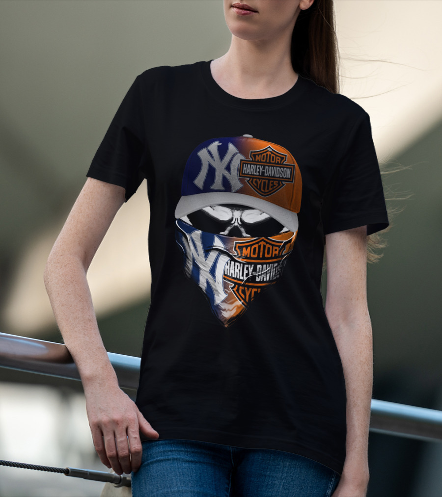 New York Yankees Harley Davidson Motorcycles Skull Mask Hat T-Shirt