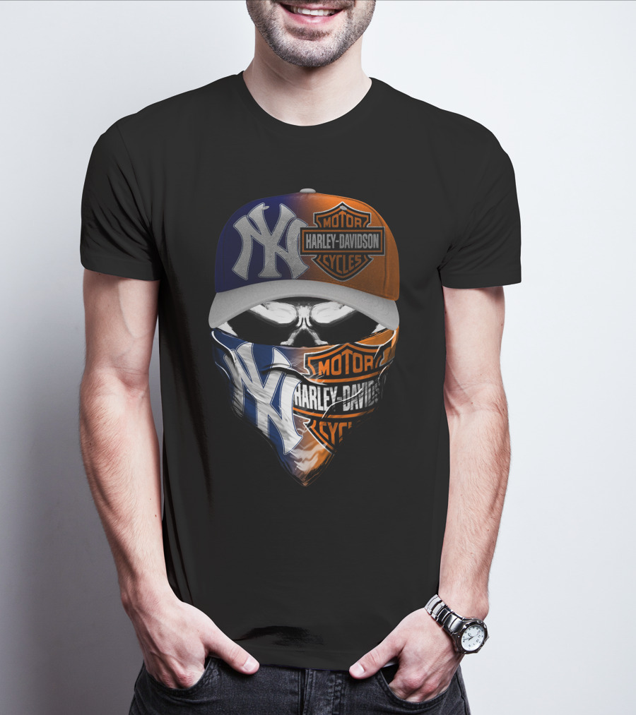 New York Yankees Harley Davidson Motorcycles Skull Mask Hat T-Shirt