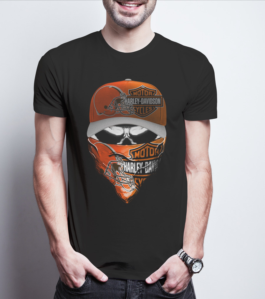 Harley Davidson Motorcycles Cleveland Browns Skull Cap And Bandana T-Shirt