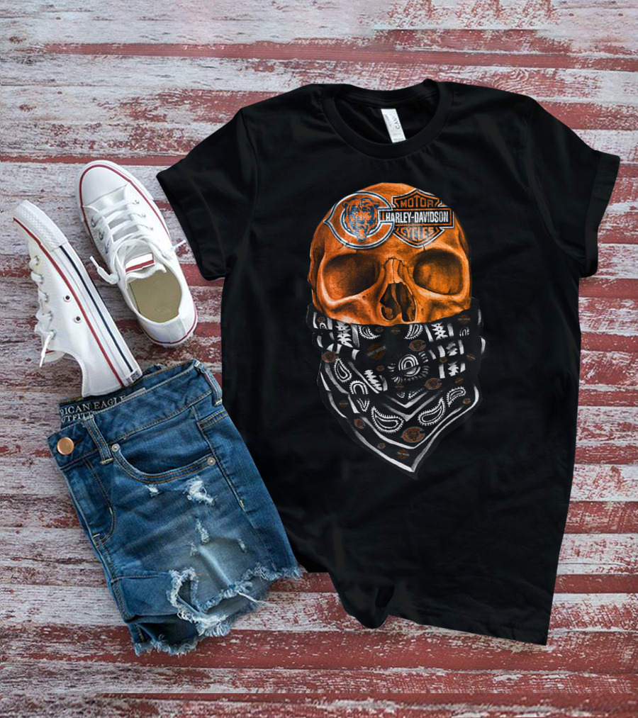 Harley Davidson Motorcycles Skull With Chicago Bears Logo Bandana T-Shirt