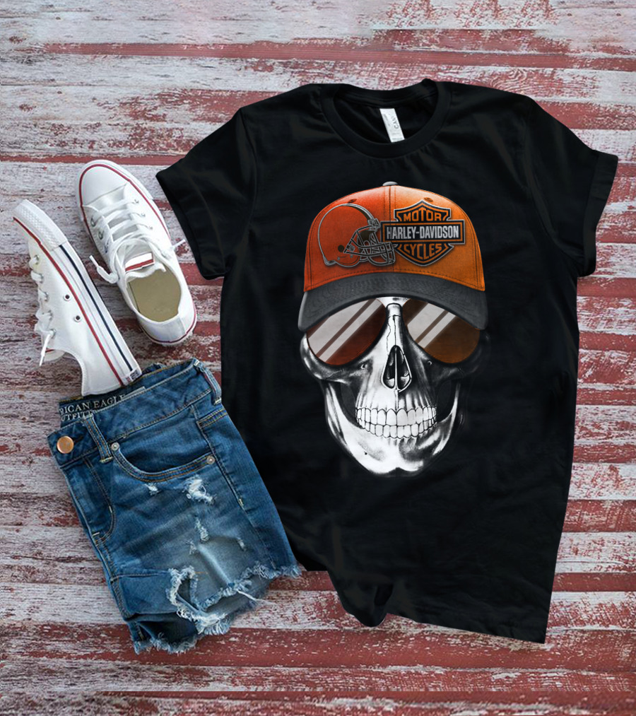 Cleveland Browns Harley Davidson Skull Sunglasses T-Shirt