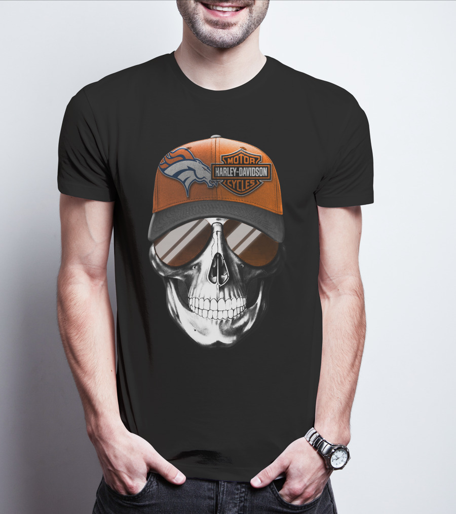 Harley Davidson Motorcycles Skull With Denver Broncos Cap T-Shirt