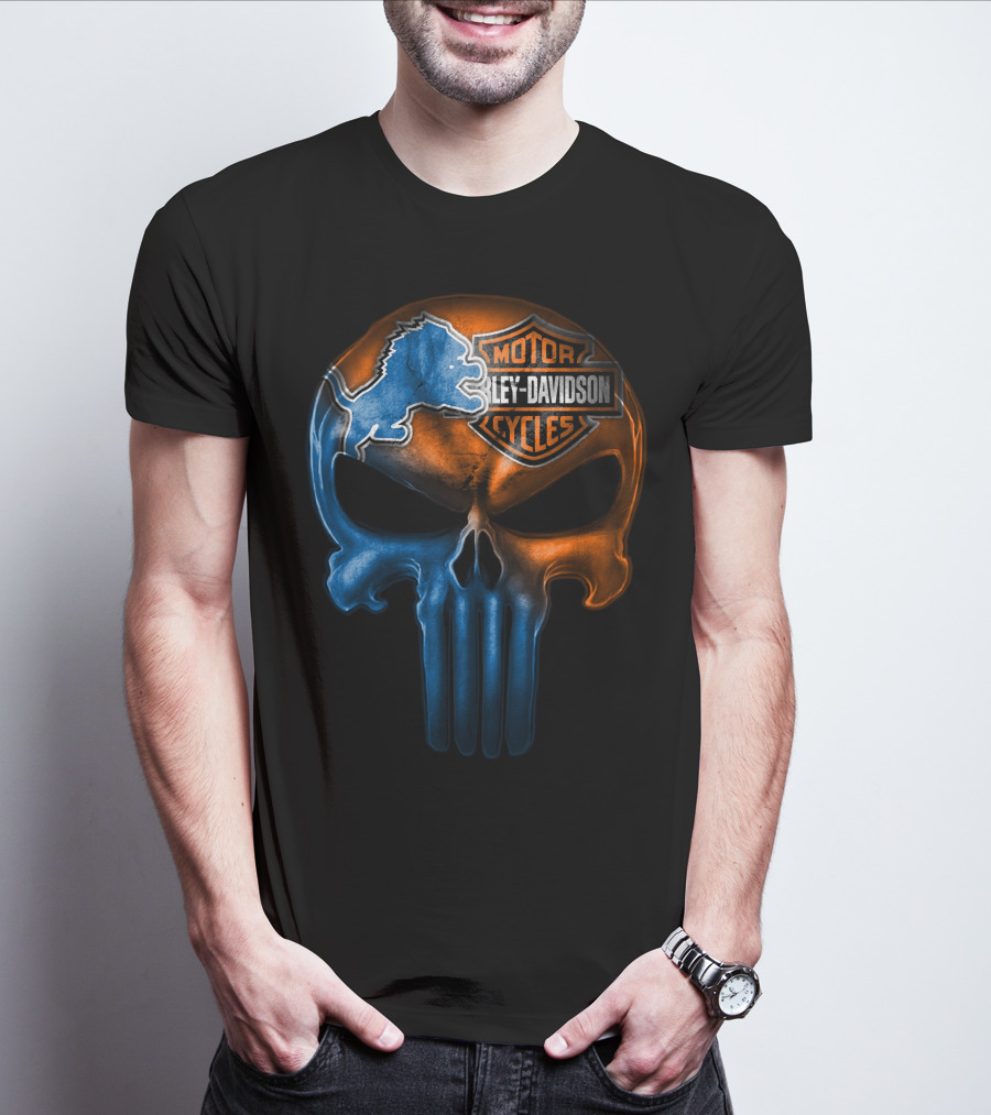 Detroit Lions Harley Davidson Motorcycles Punisher Skull T-Shirt