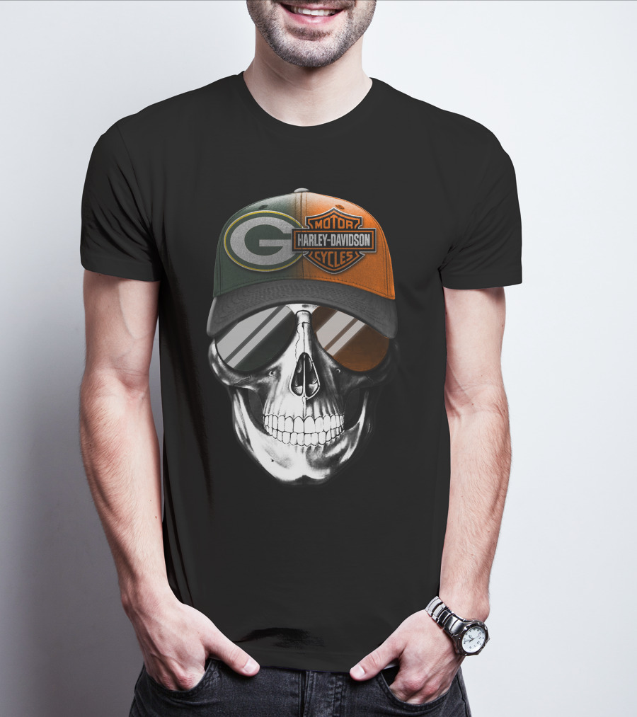 Green Bay Packers Harley Davidson Skull Cap T-Shirt