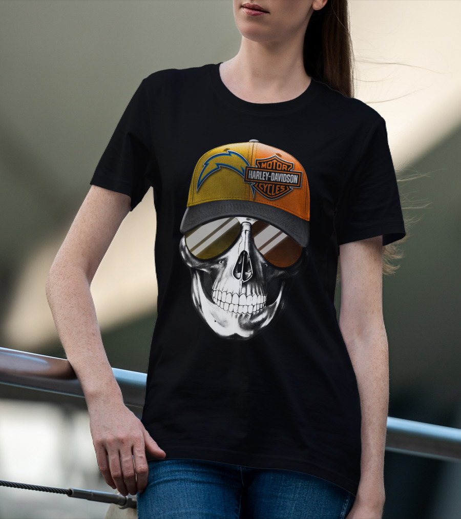 Los Angeles Chargers And Harley Davidson Motorcycle Skull Cap T-Shirt
