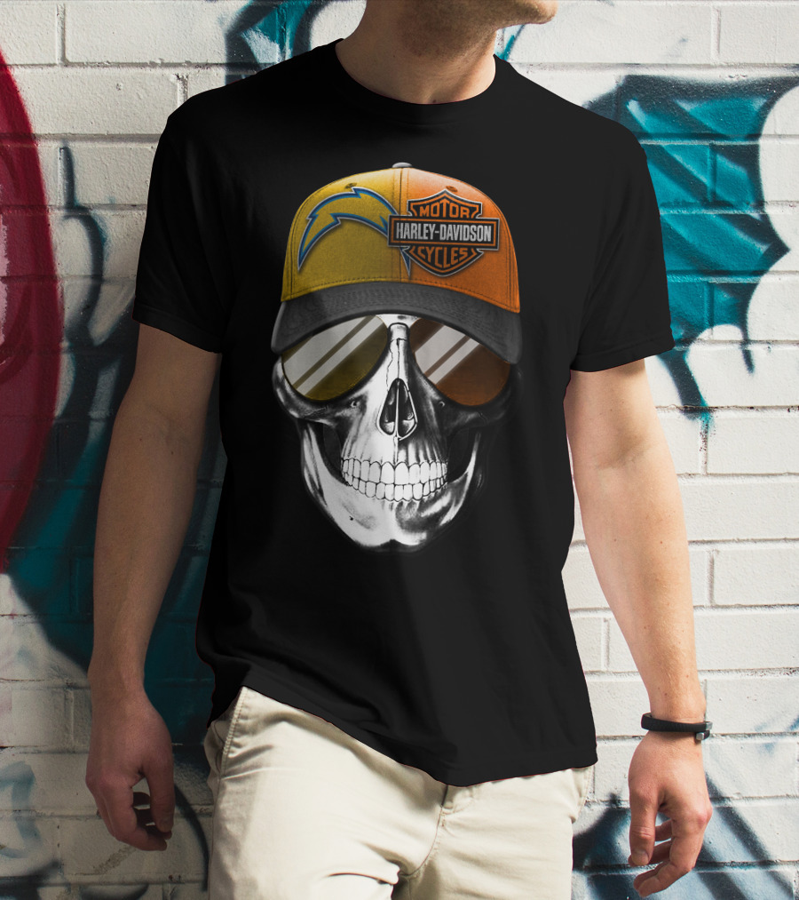 Los Angeles Chargers And Harley Davidson Motorcycle Skull Cap T-Shirt