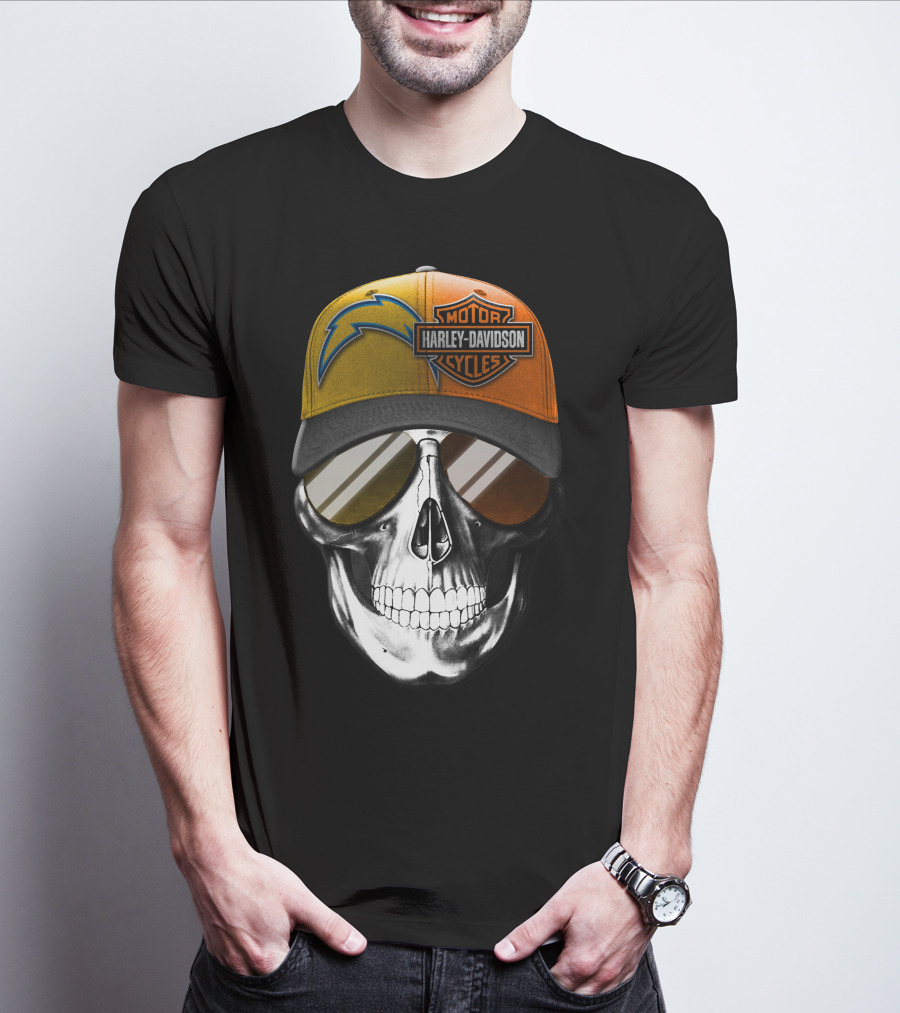 Los Angeles Chargers And Harley Davidson Motorcycle Skull Cap T-Shirt