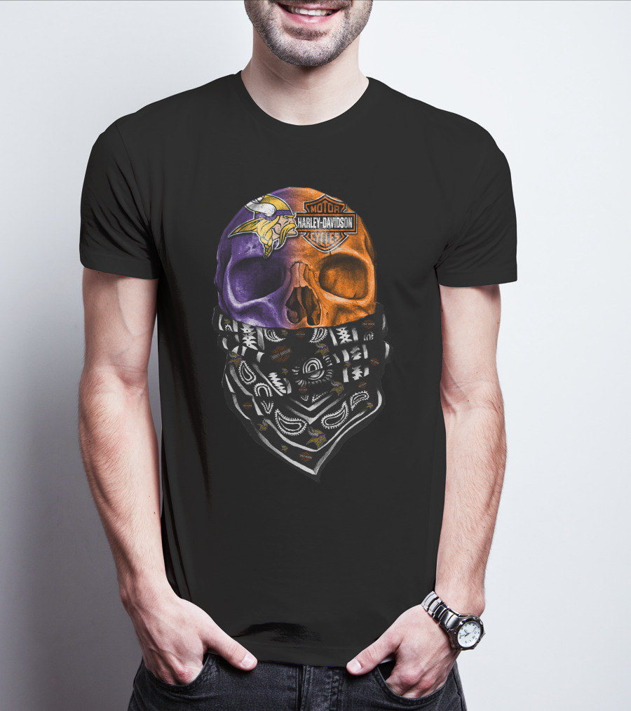 Harley Davidson Viking Skull Bandana Orange Purple T-Shirt