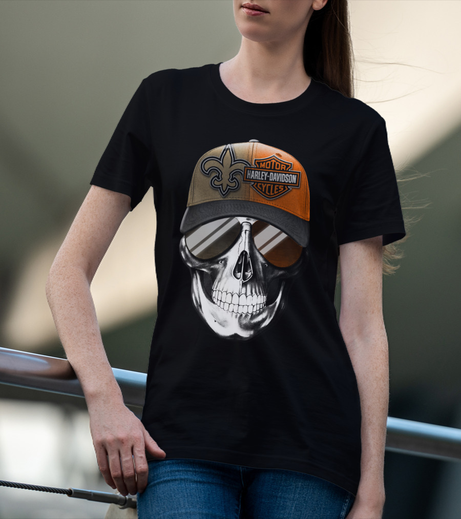 New Orleans Saints Harley Davidson Skull Hat T-Shirt