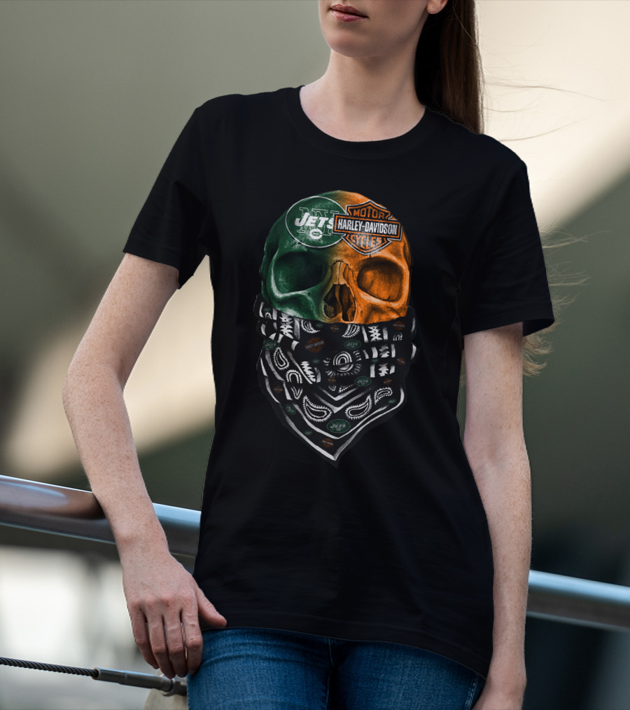 New York Jets Harley Davidson Green Orange Skull Bandana T-Shirt