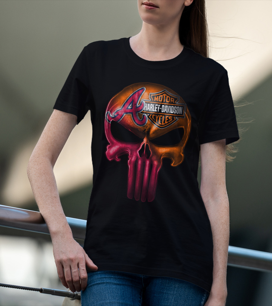 Atlanta Braves Punisher Skull Harley Davidson Motorcycles T-Shirt