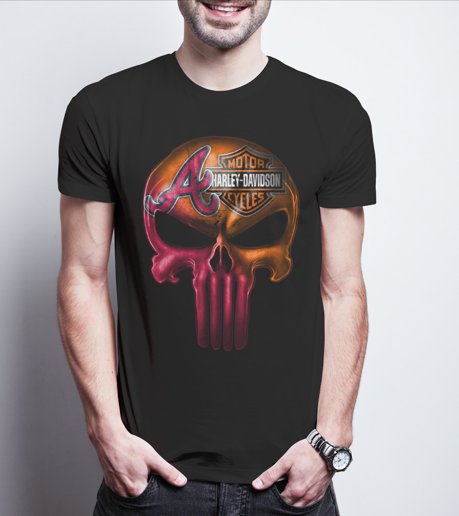 Atlanta Braves Punisher Skull Harley Davidson Motorcycles T-Shirt