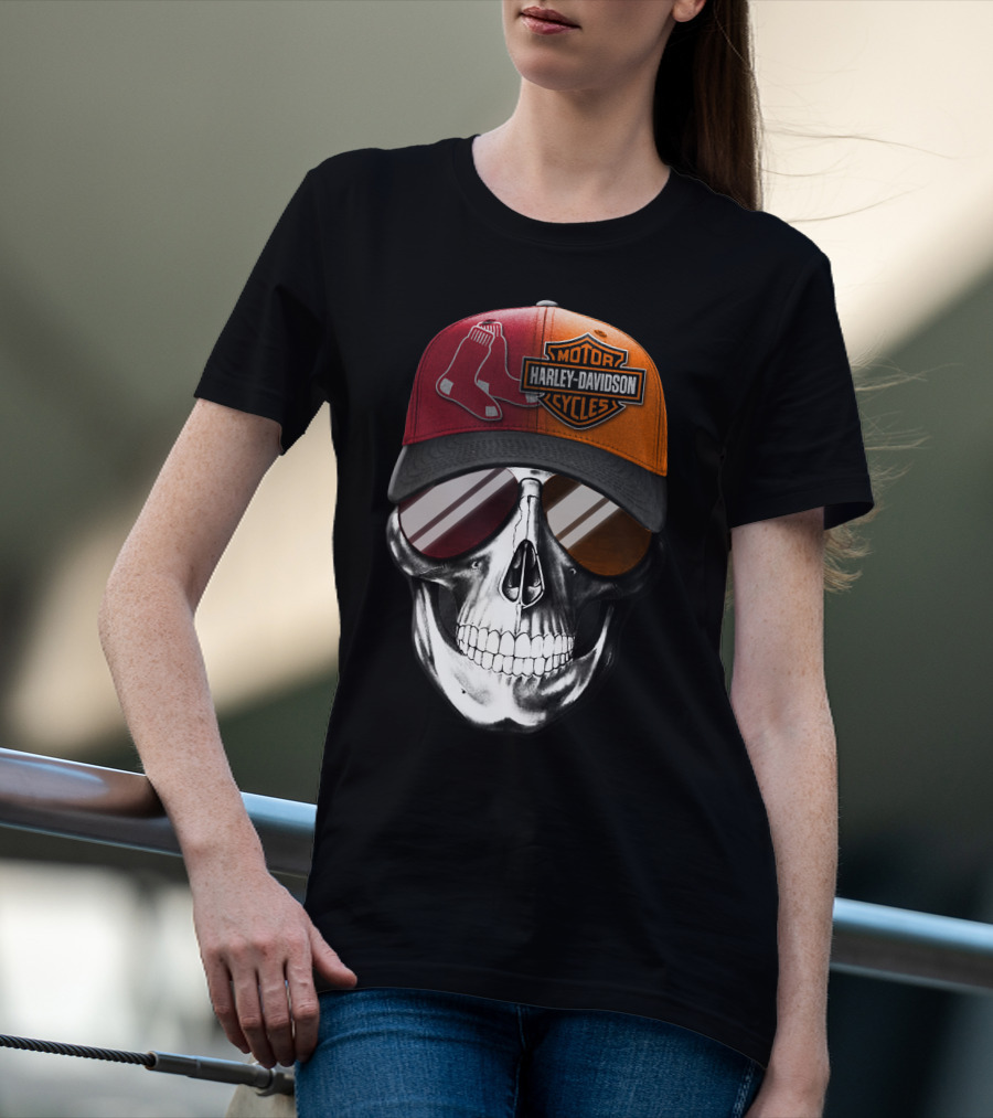 Harley Davidson Red Sox Skull Hat T-Shirt